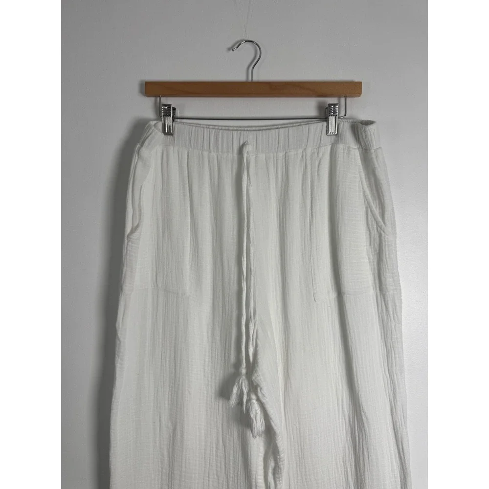 Boho Japna Womens Large Lounge Pants White Cotton Gauze Tassel Wide Leg Cropped